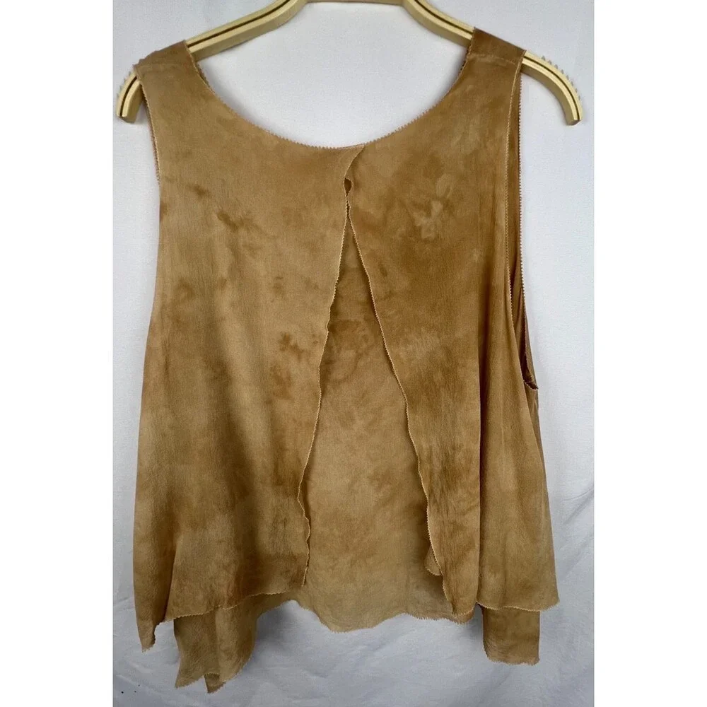 TORY BURCH 100% Silk Sleeveless Blouse Top Size 12 Tan Layered Flowy V-Neck